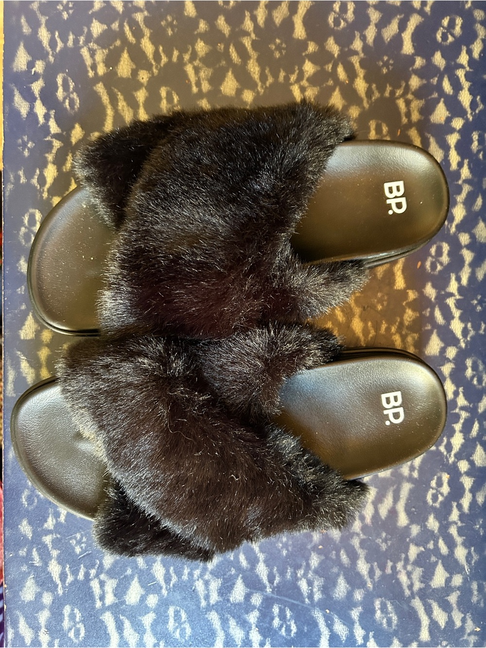 bp Black Faux Fur Slide Sandals - Plush Slip-On Women's Slides